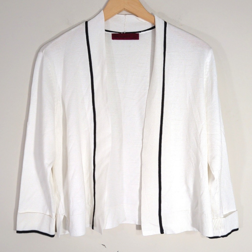 Love Scarlett White Cardigan; Open Front Contrast Trim Knit Top